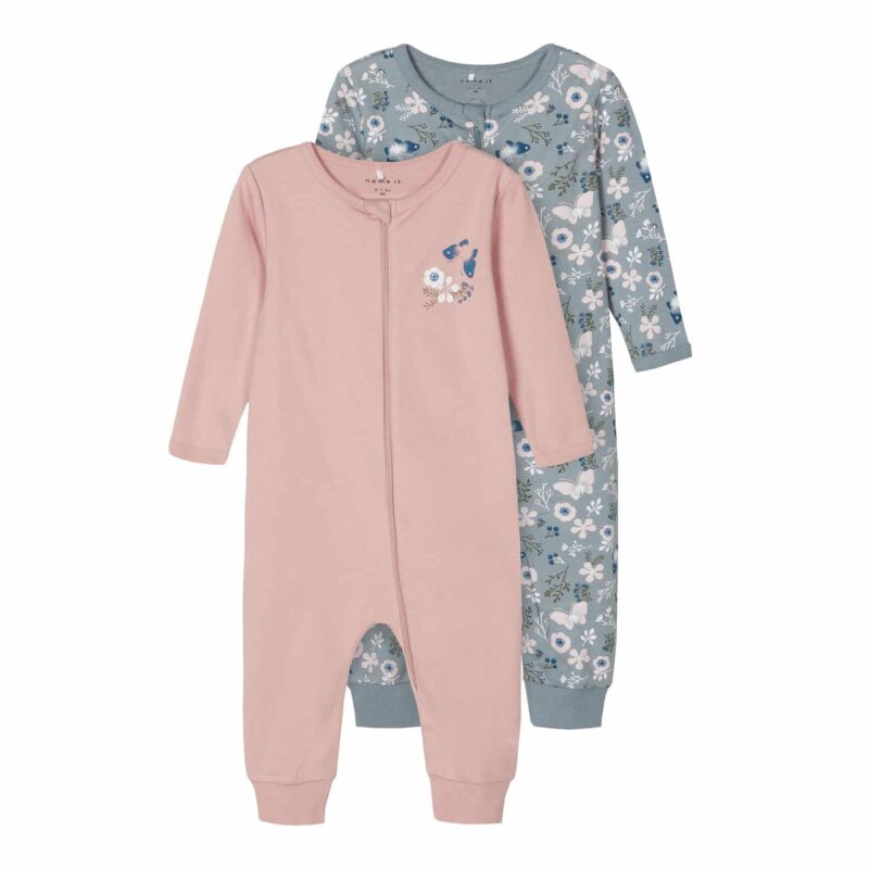NAME IT 2er Pack Baby-Mädchen Schlafanzug Schmetterlinge Blüten mit Reißverschluss Rosa und Graublau – jetzt kaufen bei Lifetex-Heimtextilien.de