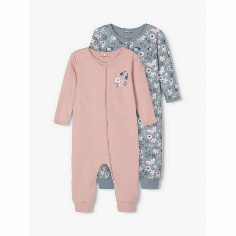 NAME IT 2er Pack Baby-Mädchen Schlafanzug Schmetterlinge Blüten mit Reißverschluss Rosa und Graublau – Detailbild 1 – jetzt kaufen bei Lifetex-Heimtextilien.de