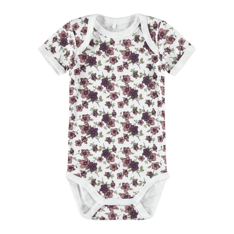 NAME IT 3er Pack Baby-Mädchen Kurzarm Bodies Blumen in Weiß/Violett – Detailbild 3 – jetzt kaufen bei Lifetex-Heimtextilien.de