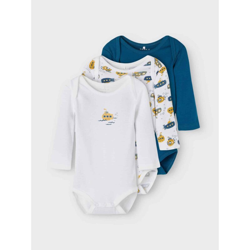 NAME IT 3er Pack Baby-Jungen Langarm Bodies U-Boot in Weiß/Blau – Detailbild 5 – jetzt kaufen bei Lifetex-Heimtextilien.de