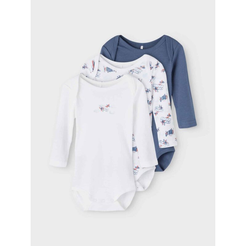 NAME IT 3er Pack Baby-Jungen Langarm Bodies Flugzeuge in Weiß/Dunkelblau – Detailbild 4 – jetzt kaufen bei Lifetex-Heimtextilien.de