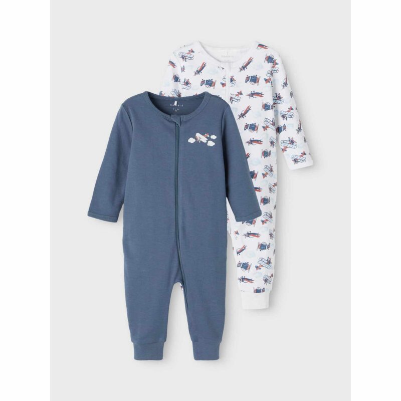 NAME IT 2er Pack Baby-Jungen Schlafanzug Flugzeuge Schlafstrampler Zip in Weiß/Blau – Detailbild 4 – jetzt kaufen bei Lifetex-Heimtextilien.de